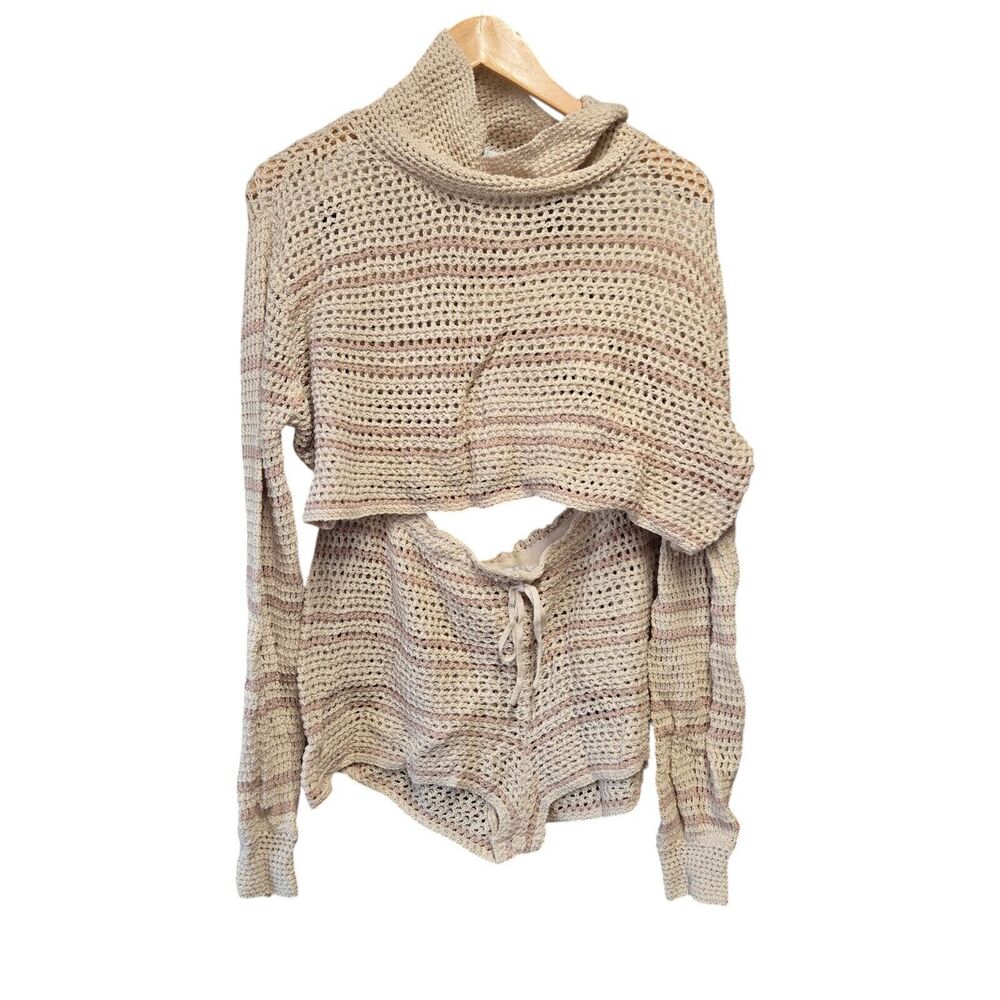 FREE PEOPLE Southampton Fauxchet Cotton Sweater Shorts Set FB Beach Pampas Med